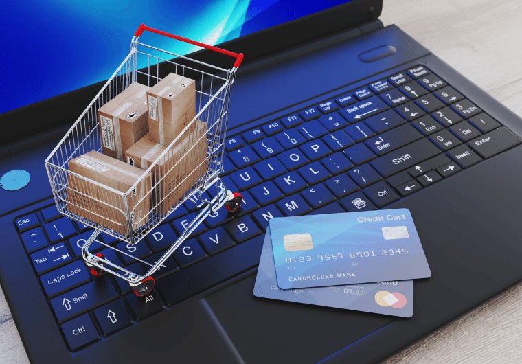 10 Tips for E-Commerce Success: A Beginner’s Guide | Computer, packages in shopping cart and credit cards | Netvolution